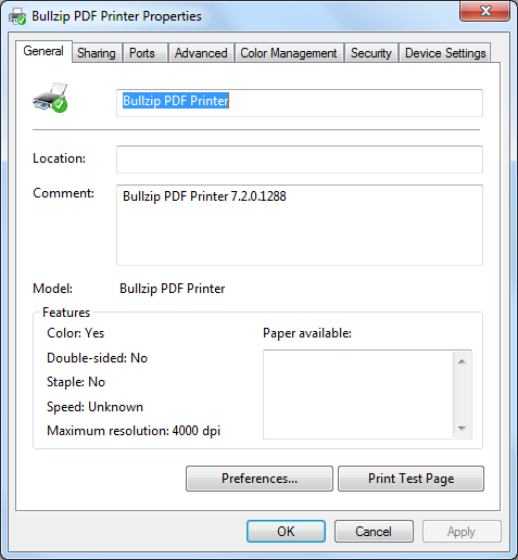 PDF Printer Properties